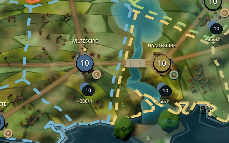 Wiltescire and Hantescire side by side, each with its capital, garrison badge, resource icon and dashed province border