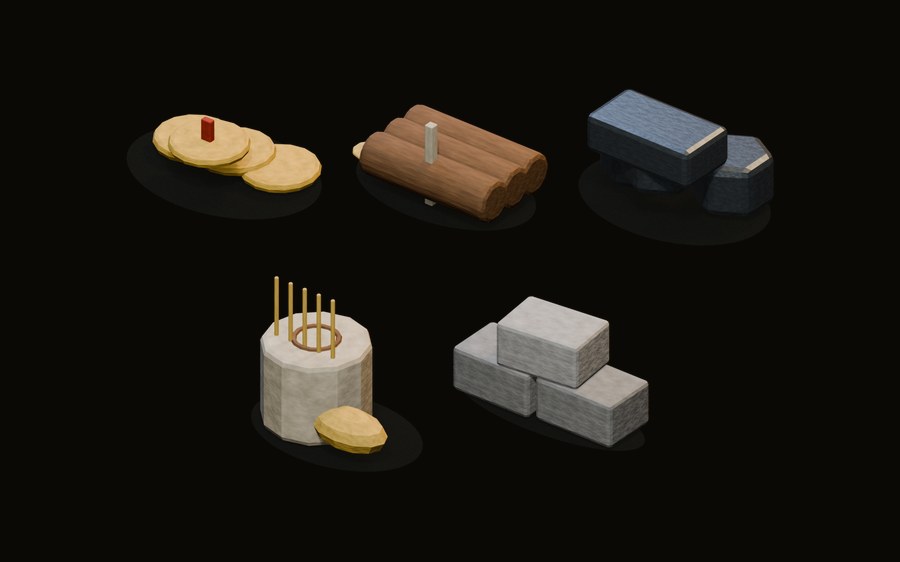 The five resource icons: a stack of gold coins, cut logs, iron ingots, a grain store and dressed stone blocks