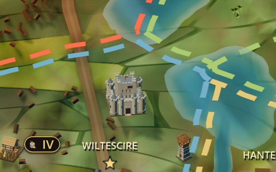 A castle standing in Wiltescire beside a road, with a watchtower and a farm in the fields around it
