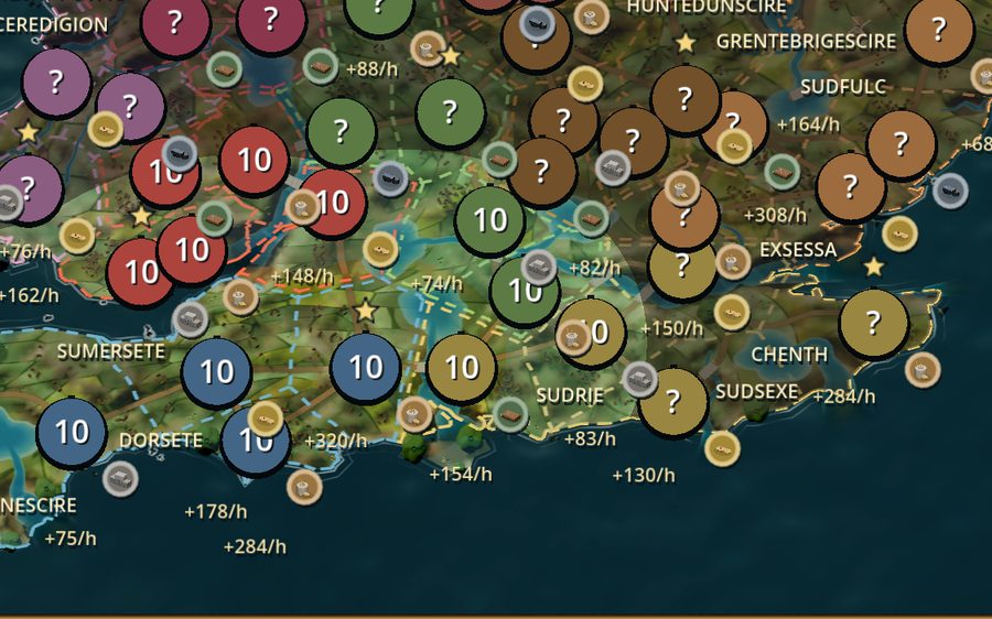 Southern England in clear view beside neighbouring provinces darkened and badged with a question mark because they are unscouted