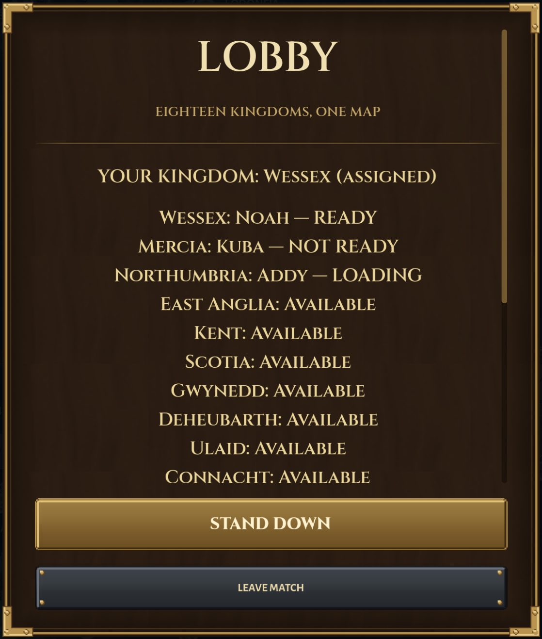 The $word multiplayer lobby, headed Eighteen kingdoms one map, listing the kingdoms and who has claimed them