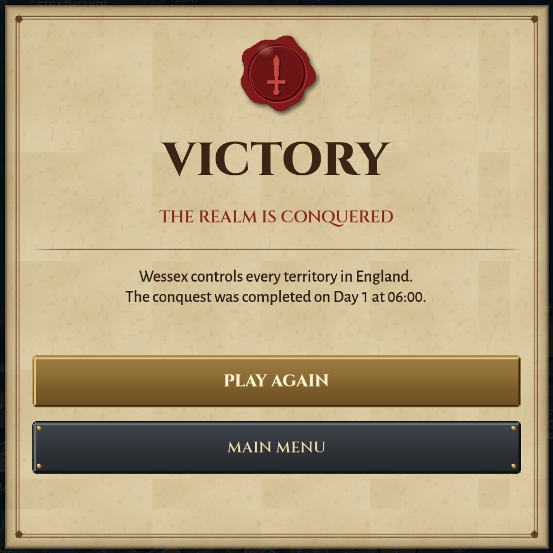 The $word victory proclamation reading THE REALM IS CONQUERED
